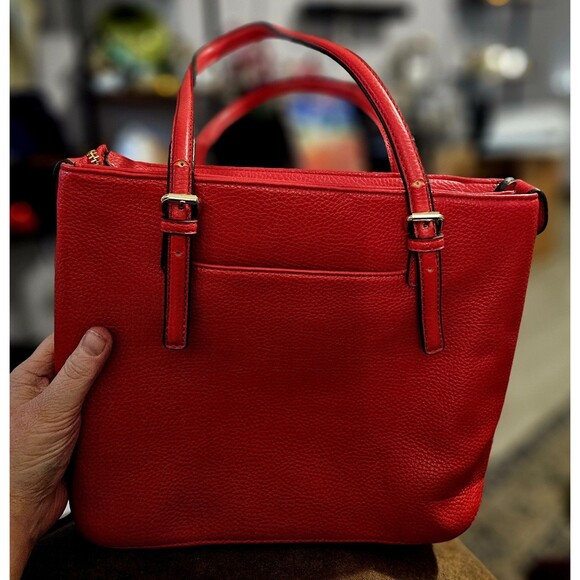 Anne Klein Red Pebbled Tote Bag Purse Handbag interior Pockets, Zip Gold Accents - Picture 2 of 6
